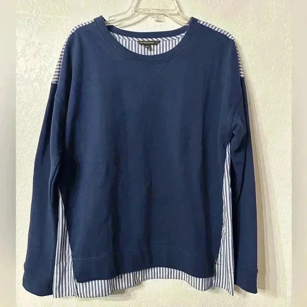 Banana Republic Womens Poplin Back Sweatshirt Navy Blue Womens SIZE L Preppy 90s